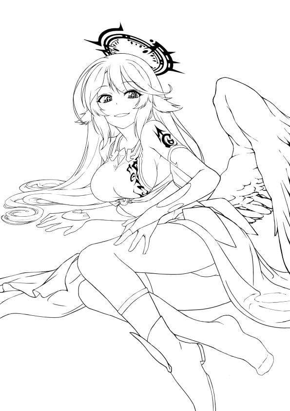 1girl angel_wings breasts bridal_gauntlets commentary_request crop_top cross feathered_wings gloves halo hanputei_san jibril_(no_game_no_life) large_breasts long_hair low_wings lying magic_circle midriff mismatched_legwear monochrome no_game_no_life on_side open_mouth shoes sideboob single_shoe smile solo symbol-shaped_pupils tattoo very_long_hair wing_ears wings