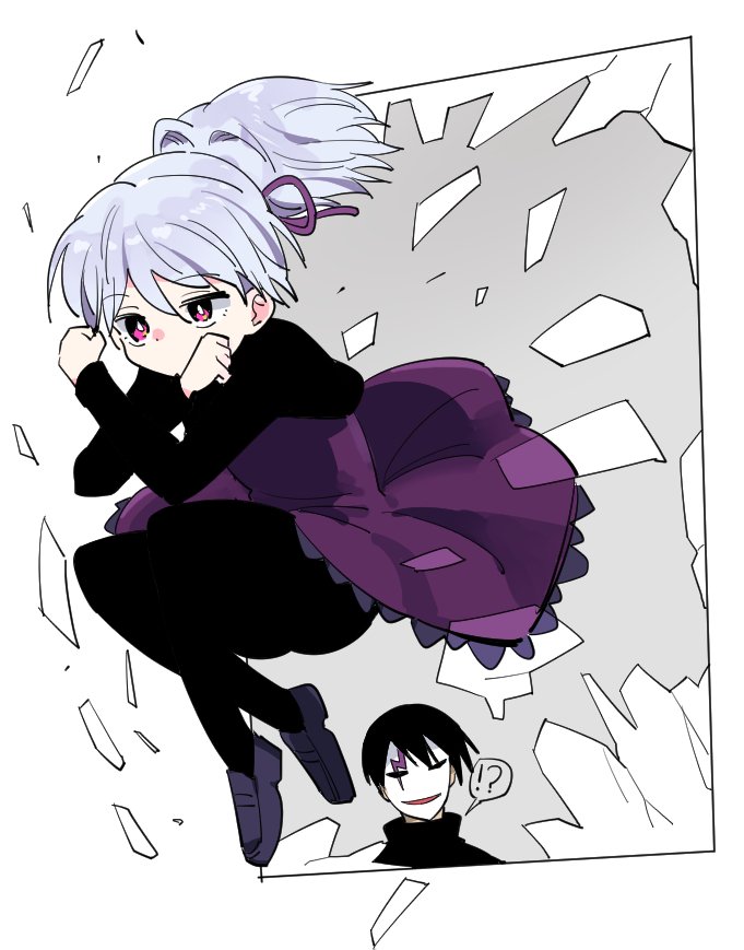 !? 1boy 1girl black_hair broken_glass commentary cracked_glass darker_than_black dress expressionless eyebrows_visible_through_hair folded_leg glass hair_between_eyes hair_ribbon hei jitome jumping loafers long_hair long_sleeves mask pantyhose ponytail purple_dress purple_ribbon ribbon shoes silver_hair simple_background tonmoh violet_eyes white_background window x_arms yin