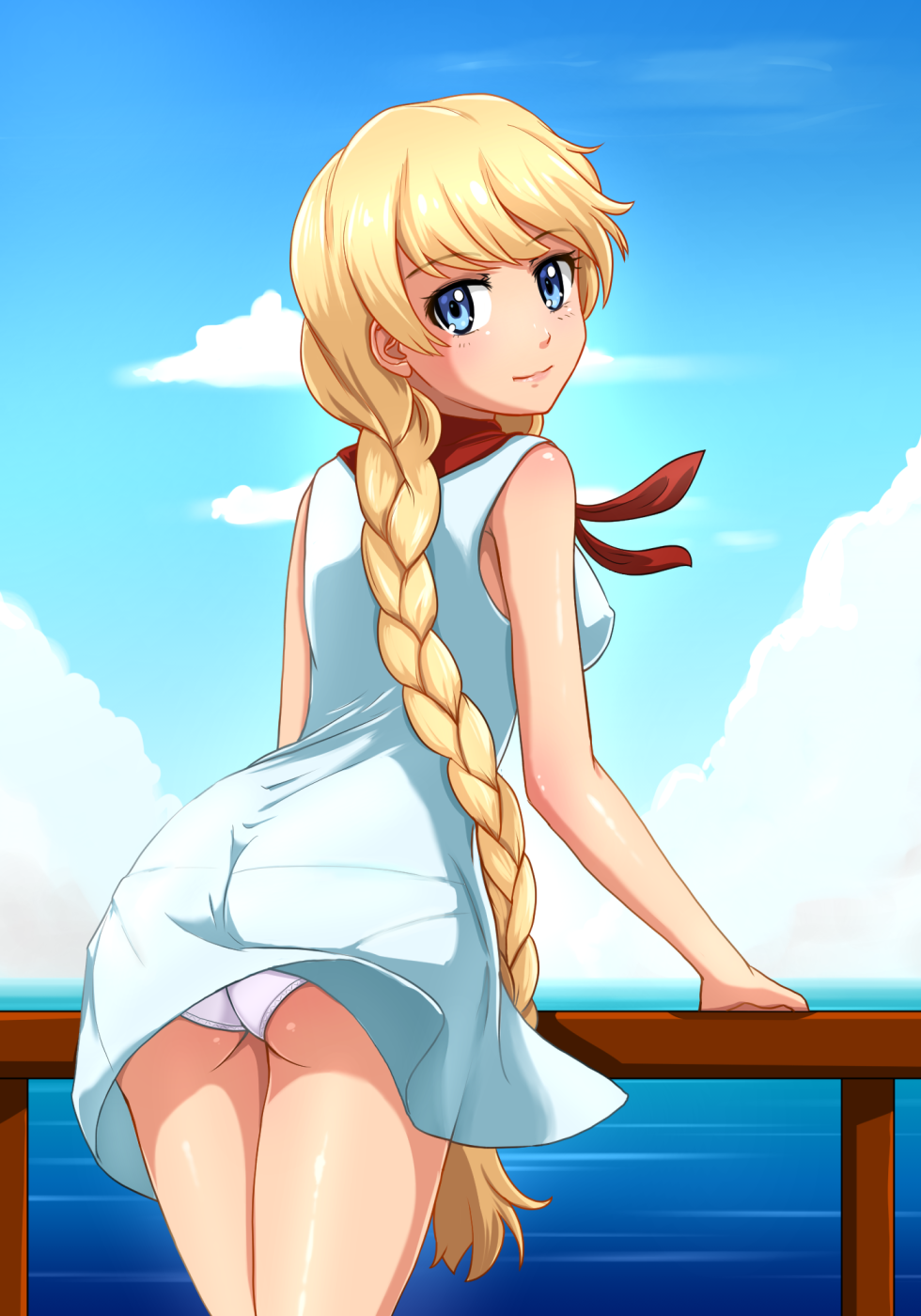 1girl ass blonde_hair blue_eyes blue_sky braid clouds commentary day dress english_commentary everlasting_summer eyebrows_visible_through_hair from_behind highres horizon huyase light_smile long_hair looking_at_viewer looking_back outdoors panties pantylines pantyshot railing sky slavya-chan solo underwear very_long_hair water white_dress white_panties