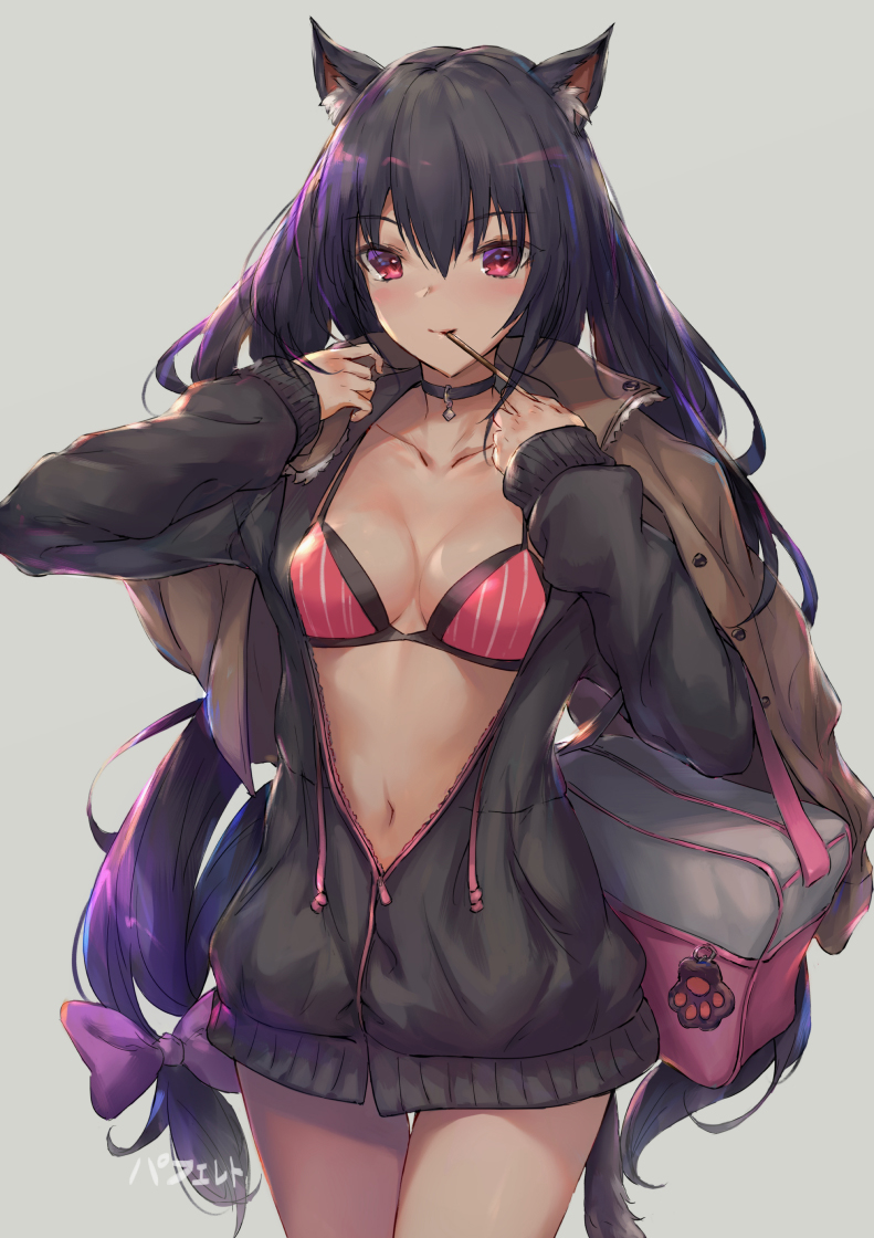 1girl alternate_costume animal_ears black_hair black_sweater blush bra breasts brown_jacket carrying_bag cat_ears cat_tail choker cleavage collarbone commentary_request cowboy_shot food food_in_mouth hair_between_eyes hair_ribbon jacket jacket_on_shoulders long_hair looking_at_viewer medium_breasts navel neptune_(series) noire parfaitlate partially_unzipped paw_ornament pocky red_eyes ribbon simple_background smile solo striped sweater tail twintails underwear vertical-striped_bra vertical_stripes very_long_hair