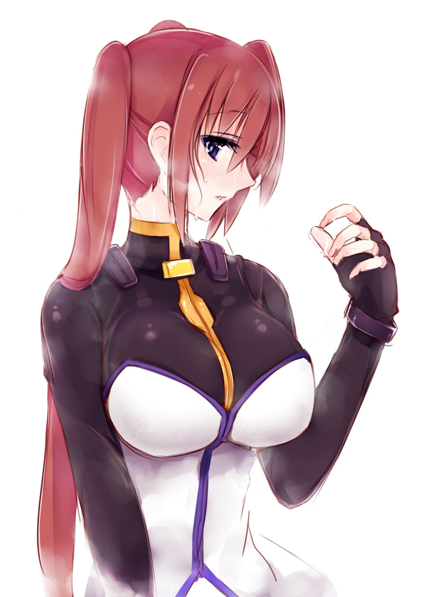 1girl akitsuchi_shien black_shirt bodysuit breasts brown_hair closed_mouth commentary_request dress eyebrows_visible_through_hair fingerless_gloves gloves highres large_breasts long_hair long_sleeves looking_at_viewer lyrical_nanoha magical_girl mahou_shoujo_lyrical_nanoha mahou_shoujo_lyrical_nanoha_strikers shirt side_ponytail simple_background skin_tight solo standing sweat takamachi_nanoha upper_body violet_eyes wet white_background white_dress