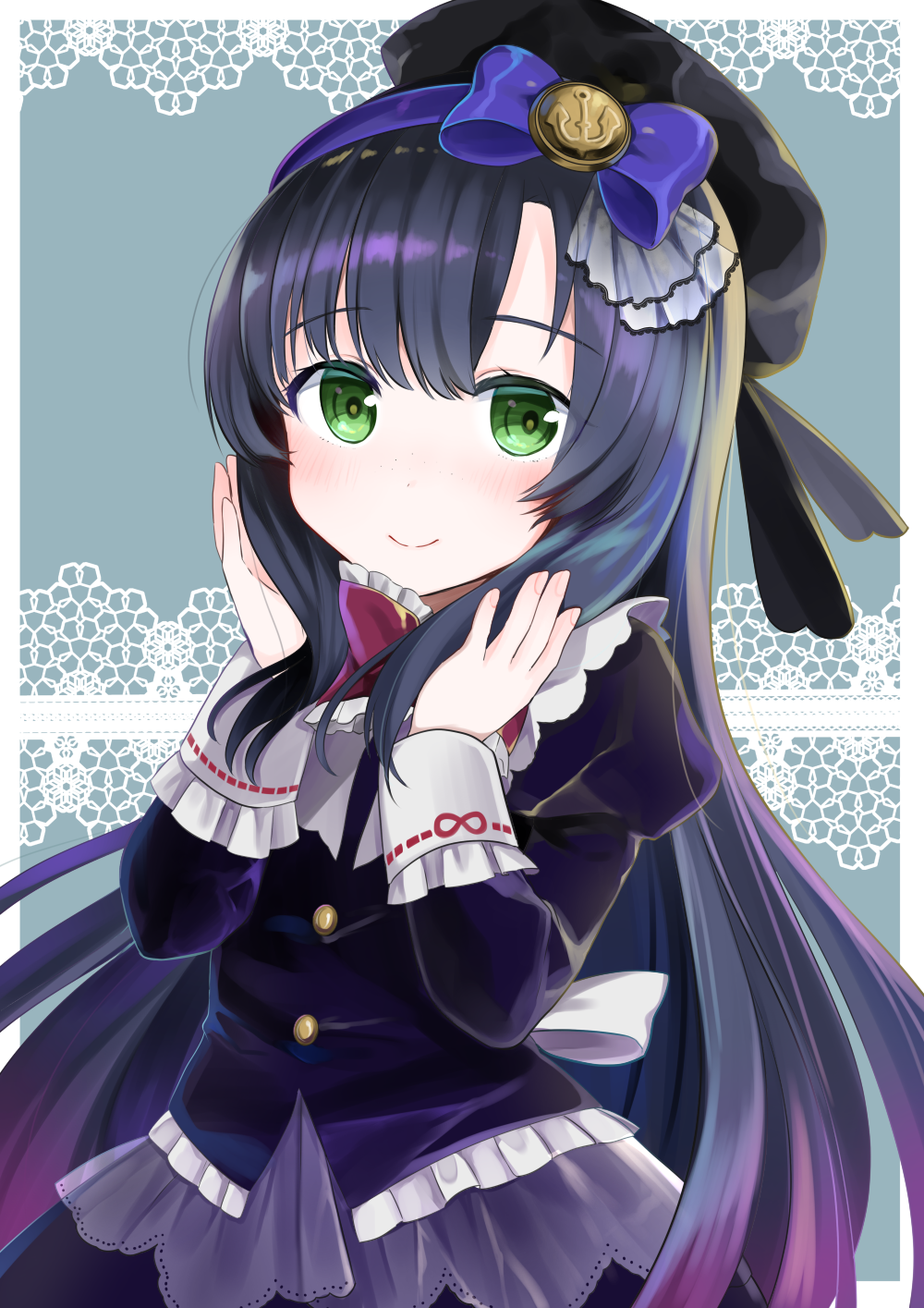 1girl alternate_costume beret black_hair blush closed_mouth gradient_hair green_eyes hairband hat highres kantai_collection long_hair looking_at_viewer matsuwa_(kantai_collection) multicolored_hair purple_hair smile solo yunamaro