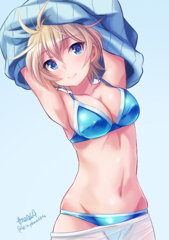 1girl artist_name bikini bikini_under_clothes blonde_hair blue_background blue_bikini blue_eyes blue_sweater brave_witches breasts cleavage commentary_request cowboy_shot haruhata_mutsuki looking_at_viewer nikka_edvardine_katajainen pantyhose ribbed_sweater short_hair simple_background solo sweater swimsuit swimsuit_under_clothes twitter_username undressing white_legwear world_witches_series
