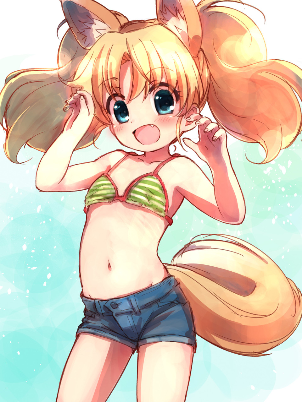 1girl alternate_animal_ears alternate_tail animal_ears aqua_eyes bikini_top blonde_hair blue_shorts blush claw_pose commentary denim denim_shorts flat_chest fox_ears fox_tail green_bikini_top highres jewelpet_(series) jewelpet_twinkle miria_marigold_mackenzie navel nyama short_shorts shorts solo striped striped_bikini_top tail twintails