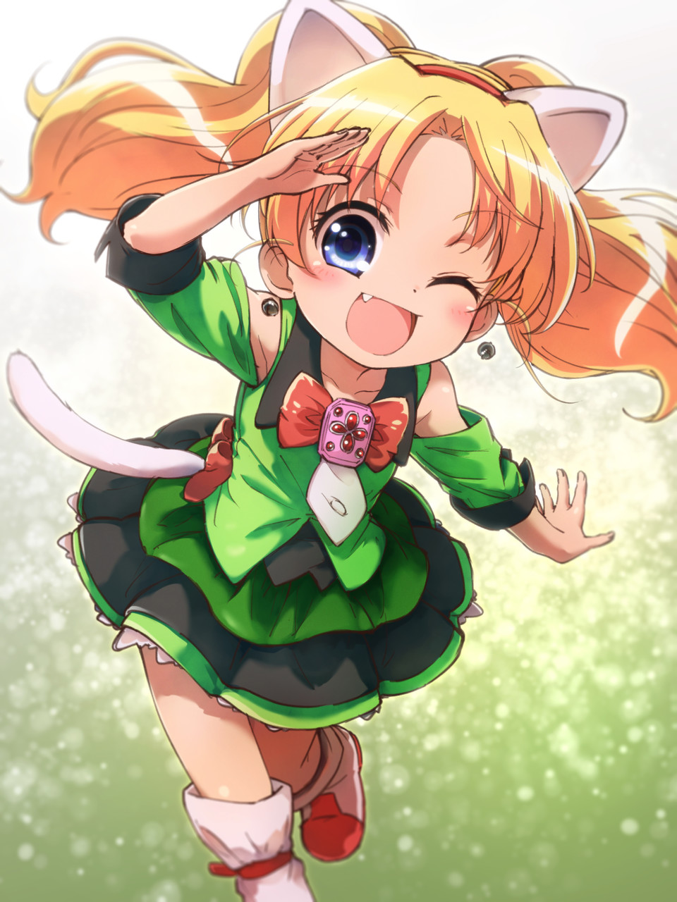 1girl ;d animal_ears blonde_hair bow brooch cat_ears cat_tail commentary dress earrings fang green_dress hairband highres jewelpet_(series) jewelpet_twinkle jewelry miria_marigold_mackenzie nyama one_eye_closed open_mouth outstretched_arm red_bow red_hairband salute smile solo tail twintails white_footwear