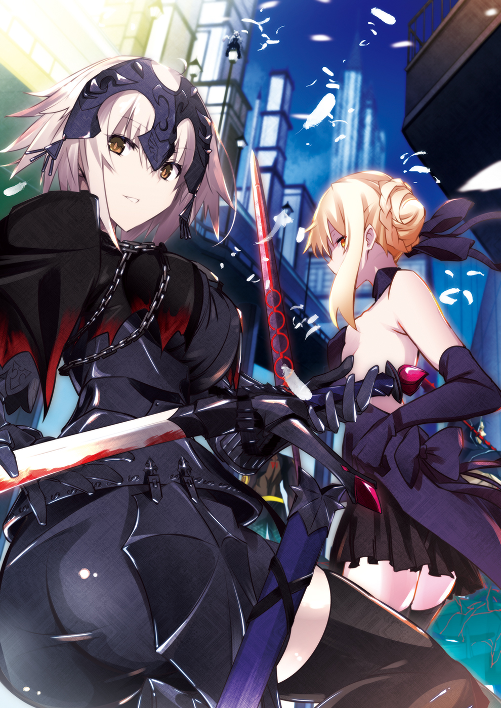 2girls artoria_pendragon_(all) ass backless_outfit bare_shoulders black_gloves black_legwear black_skirt blonde_hair blood bloody_weapon bow breasts brown_eyes building elbow_gloves fate/grand_order fate_(series) feathers gloves grin headgear highres holding holding_sword holding_weapon jeanne_d'arc_(fate)_(all) lamppost long_sleeves looking_at_viewer looking_back multiple_girls night night_sky outdoors parted_lips pleated_skirt saber saber_alter short_hair sideboob skirt sky smile sword thigh-highs vane weapon white_feathers