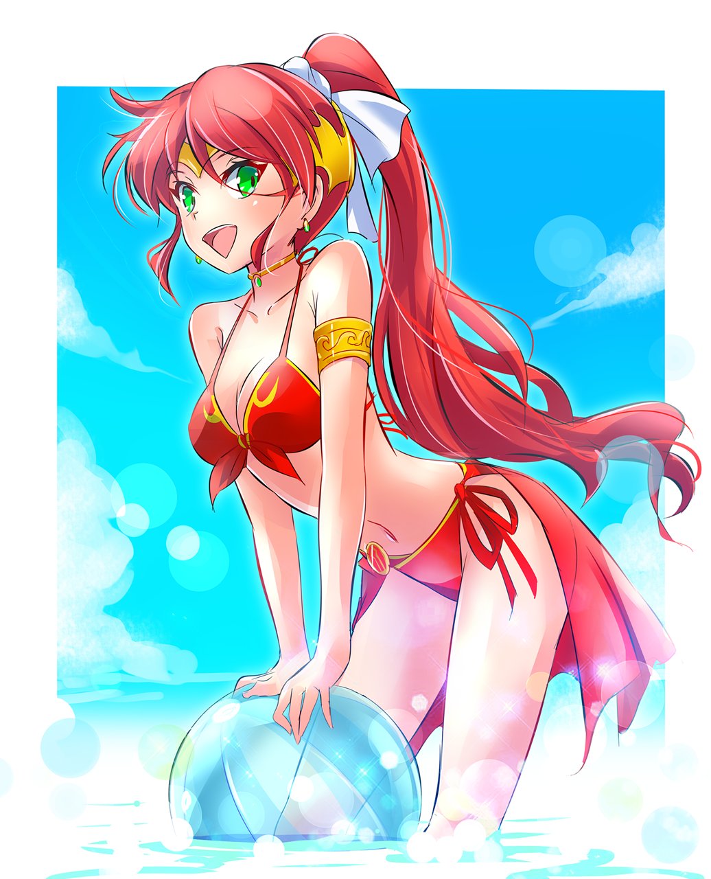 1girl armlet ball beachball bikini forehead_protector green_eyes highres iesupa long_hair navel ponytail pyrrha_nikos redhead rwby solo swimsuit