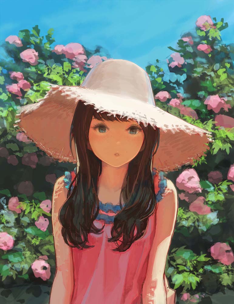 1girl aro_(charged_time_out) bangs bare_arms bare_shoulders blue_eyes blue_sky breasts brown_hair collarbone curly_hair day dress facing_viewer flower hat long_hair looking_at_viewer mole mole_above_mouth original outdoors parted_lips pink_flower shade sky sleeveless small_breasts solo straw_hat sun_hat sundress swept_bangs upper_body