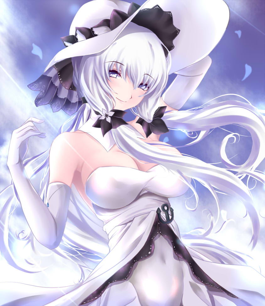 1girl azur_lane bangs bare_shoulders breasts cleavage commentary_request dress elbow_gloves eyebrows_visible_through_hair gloves harapeko1129 hat illustrious_(azur_lane) large_breasts long_hair looking_at_viewer low_twintails side_bun smile solo strapless strapless_dress sun_hat tri_tails twintails white_dress white_gloves white_hair white_hat