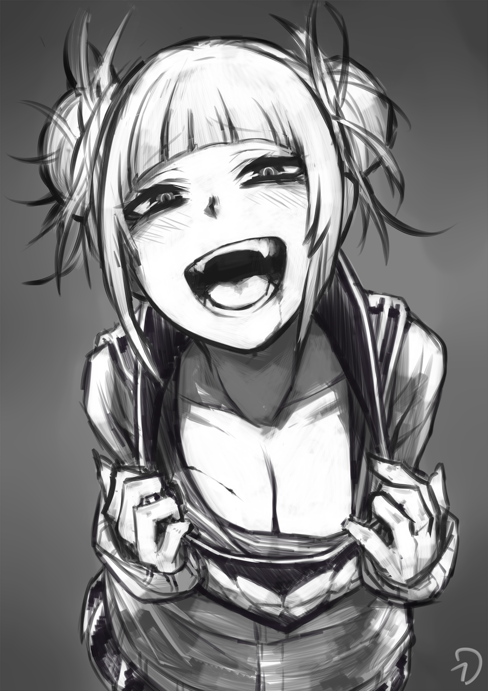 1girl :d bangs blunt_bangs blush boku_no_hero_academia breasts cleavage collarbone double_bun downblouse eyebrows_visible_through_hair fangs greyscale half-closed_eyes highres kidy_(kidy_siow) large_breasts leaning_forward long_sleeves looking_at_viewer monochrome open_mouth scarf school_uniform serafuku short_twintails smile teeth toga_himiko twintails yandere_trance