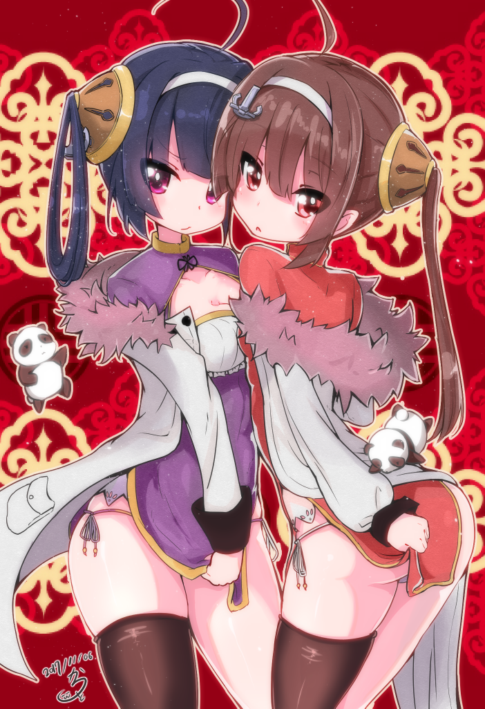 2girls ahoge artist_name ass azur_lane black_hair black_legwear breast_press breasts brown_coat brown_hair chinese_clothes cleavage cleavage_cutout coat cowboy_shot dated dress dress_lift eyebrows_visible_through_hair fur_trim hair_ornament hairband long_hair long_sleeves looking_at_viewer looking_back microdress multiple_girls ning_hai_(azur_lane) not_on_shana off_shoulder open_clothes open_coat panda panties ping_hai_(azur_lane) purple_dress red_background red_dress red_eyes side-tie_panties side_slit signature single_thighhigh skindentation small_breasts symmetrical_docking thigh-highs twintails underwear violet_eyes white_hairband white_panties