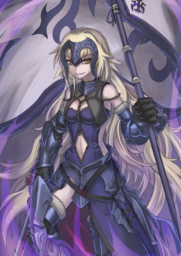 1girl armor armored_dress black_armor black_dress black_gloves breasts chains dress dual_wielding eyebrows_visible_through_hair fate/grand_order fate_(series) faulds flag fur_trim gauntlets gloves greaves headpiece jeanne_d'arc_(alter)_(fate) jeanne_d'arc_(fate)_(all) long_hair navel_cutout polearm purutoppu_(toranohige) silver_hair smile solo sword very_long_hair weapon yellow_eyes