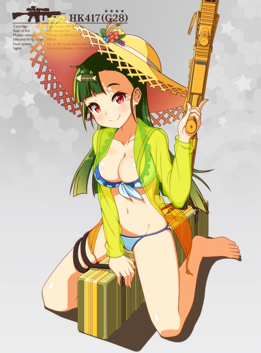 1girl breasts cleavage earrings full_body g28_(girls_frontline) girls_frontline green_hair gun hat highres jewelry kneeling large_breasts long_hair looking_at_viewer mole mole_on_breast one_side_up orange_eyes ribbon sizque smile solo straw_hat sun_hat swimsuit thighs weapon weapon_case