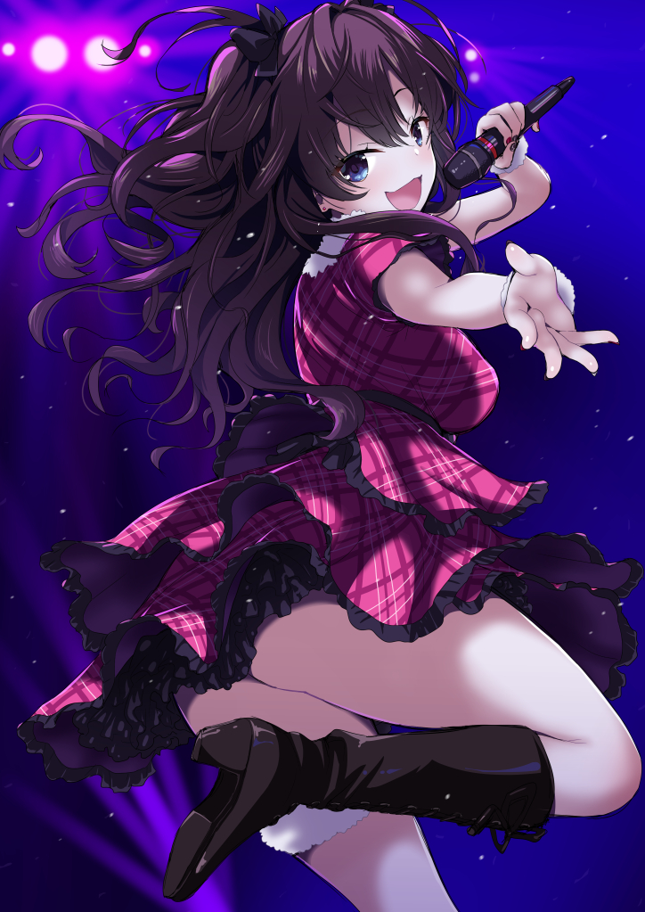 1girl ahoge ass bangs blue_eyes blush boots breasts brown_hair dress eyebrows_visible_through_hair frills ichinose_shiki idolmaster idolmaster_cinderella_girls knee_boots leg_garter leg_up legs long_hair looking_at_viewer medium_breasts microphone open_mouth outstretched_arm pink_dress plaid plaid_dress saki_chisuzu smile solo stage_lights thighs two_side_up wavy_hair wrist_cuffs