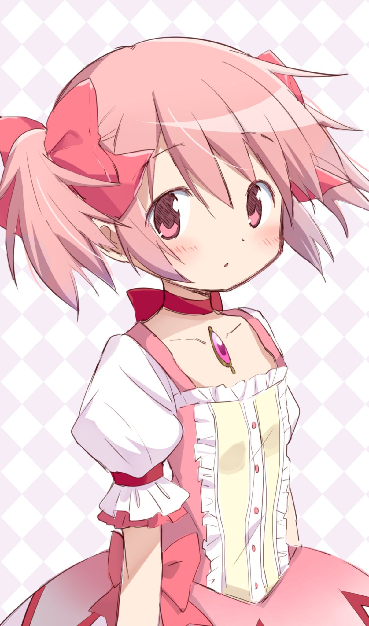 1girl bow choker dress hair_bow highres kaname_madoka looking_at_viewer magical_girl mahou_shoujo_madoka_magica pink_bow pink_dress pink_hair puffy_short_sleeves puffy_sleeves red_bow red_choker short_hair short_sleeves solo tsubaki_(tatajd) twintails