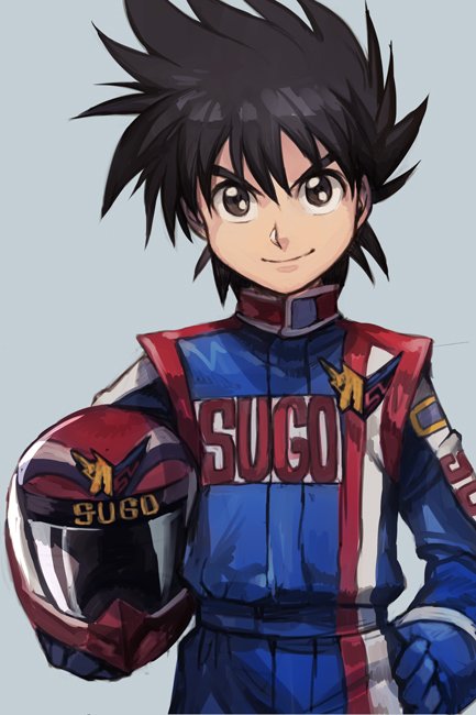 1boy black_hair brown_eyes future_gpx_cyber_formula gloves hankuri headwear_removed helmet helmet_removed holding holding_helmet kazami_hayato racing_suit smile