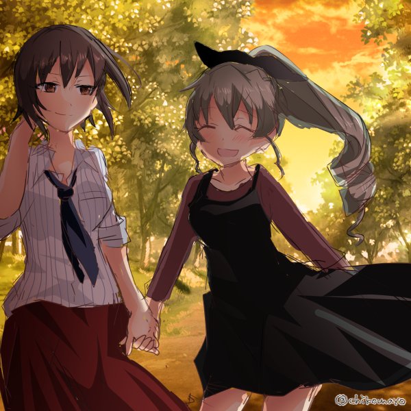 2girls alternate_hairstyle anchovy bangs black_dress black_neckwear brown_eyes brown_hair brown_shirt brown_skirt casual chikomayo closed_eyes closed_mouth clouds cloudy_sky collared_shirt commentary_request couple dress girls_und_panzer green_hair hair_ribbon hand_holding hand_in_hair long_hair long_skirt long_sleeves looking_at_another loose_necktie medium_dress multiple_girls necktie nishizumi_maho open_mouth outdoors path ponytail ribbon road shirt short_hair single_drill skirt sky sleeves_rolled_up smile standing striped striped_shirt tree twilight twitter_username vertical-striped_shirt vertical_stripes white_shirt yuri