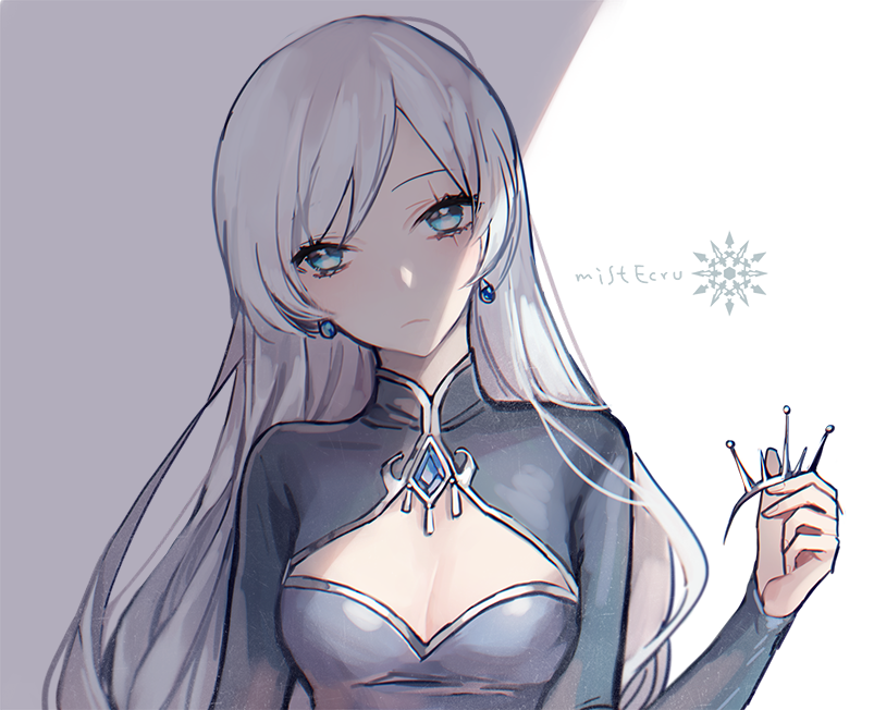 1girl blue_eyes earrings ecru hair_ornament hair_undone jewelry rwby scar scar_across_eye shaded_face solo twitter_username weiss_schnee white_hair