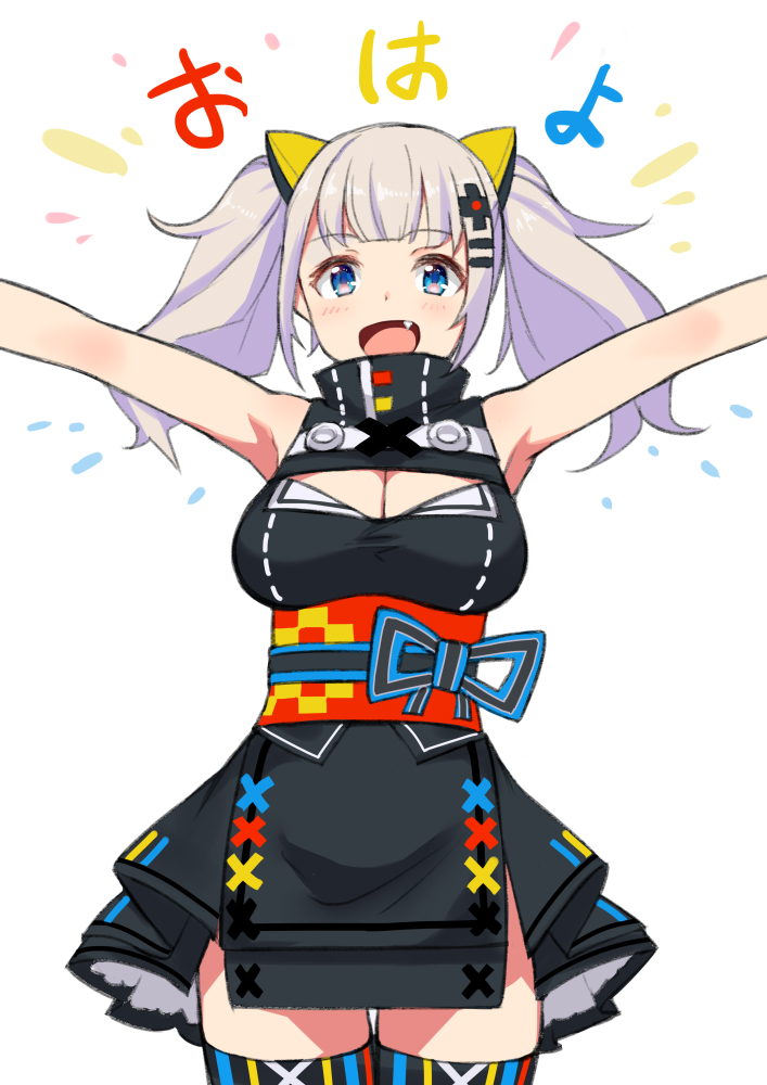 1girl :d arms_up bangs bare_shoulders black_dress blue_eyes blush breasts cleavage cleavage_cutout dress eyebrows_visible_through_hair fang hair_ornament hairclip kaguya_luna kaguya_luna_(character) large_breasts looking_at_viewer medium_hair obi open_mouth outstretched_arms saiste sash sidelocks silver_hair simple_background sleeveless sleeveless_dress smile solo thigh-highs translated twintails virtual_youtuber white_background