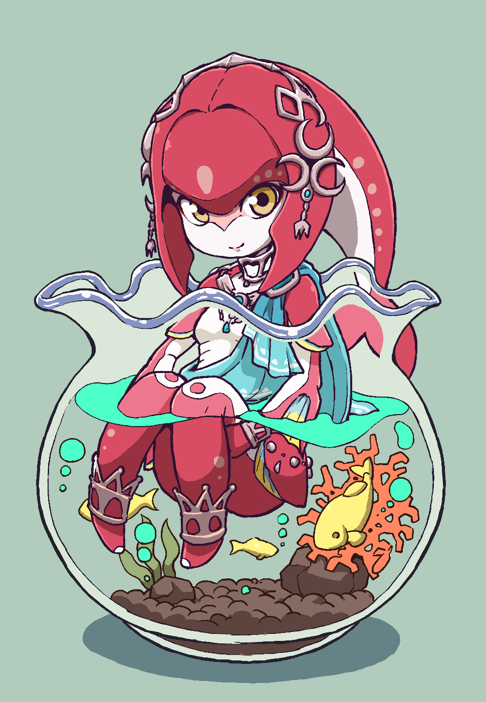 1girl anklet blue_background bracelet breasts chibi closed_mouth commentary_request coral fins fish fish_girl fishbowl full_body gem green_background hair_ornament highres jewelry knees_up long_hair looking_at_viewer mipha monster_girl multicolored multicolored_skin nazonazo_(nazonazot) necklace no_eyebrows partially_submerged plant red_skin redhead simple_background small_breasts smile the_legend_of_zelda the_legend_of_zelda:_breath_of_the_wild water yellow_eyes zora