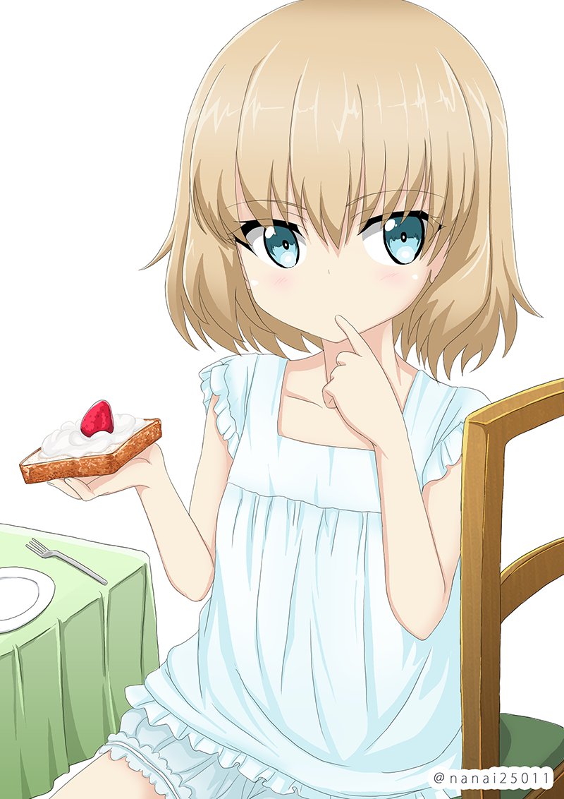 1girl bangs blonde_hair blue_eyes casual chair commentary dress eyebrows_visible_through_hair finger_to_mouth food fork frilled_dress frills fruit girls_und_panzer holding holding_food katyusha looking_at_viewer plate shibagami short_dress short_hair simple_background sitting sleeveless sleeveless_dress solo strawberry table tablecloth toast twitter_username whipped_cream white_background white_dress wooden_chair