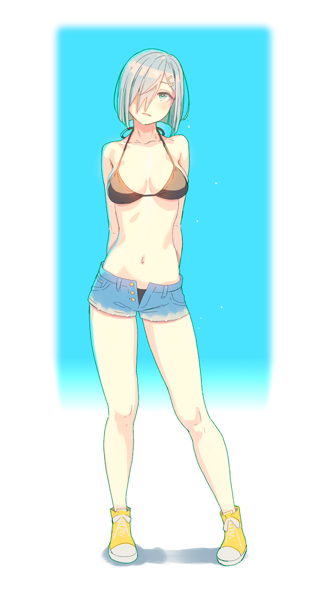 1girl arms_behind_back bikini black_bikini blue_background blue_eyes breasts cleavage denim denim_shorts full_body gradient gradient_background hair_ornament hair_over_one_eye hairclip hamakaze_(kantai_collection) highres kantai_collection shoes short_hair short_shorts shorts sneakers solo standing swimsuit two-tone_background white_background white_hair yellow_footwear yuuji_(and)