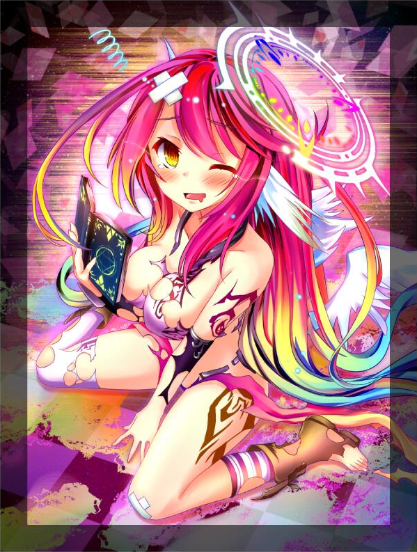 1girl angel_wings arm_support blush book breasts commentary_request crop_top drooling feathered_wings gloves gradient_eyes gradient_hair halo holding holding_book jibril_(no_game_no_life) kimikimi large_breasts long_hair low_wings magic_circle midriff mismatched_legwear multicolored multicolored_eyes multicolored_hair no_game_no_life one_eye_closed open_mouth orange_eyes pink_hair shoes sideboob single_shoe sitting solo tattoo very_long_hair wariza white_wings wing_ears wings yellow_eyes