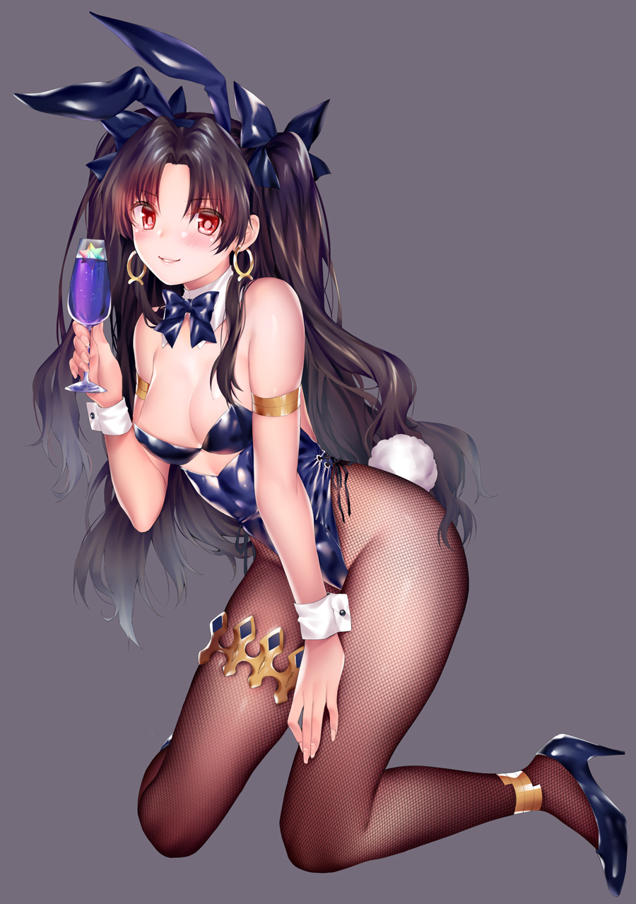 1girl animal_ears anklet armlet bangs bare_shoulders black_hair black_leotard blue_ribbon blush bow bowtie breasts bunny_girl bunny_tail bunnysuit commentary_request cup detached_collar drink drinking_glass earrings eyebrows_visible_through_hair fake_animal_ears fate/grand_order fate_(series) fishnet_pantyhose fishnets grey_background hair_ribbon hand_on_thigh high_heels highleg highleg_leotard highres hips hoop_earrings ishtar_(fate/grand_order) jewelry kneeling legs leotard long_hair looking_at_viewer medium_breasts obiwan pantyhose parted_bangs parted_lips rabbit_ears red_eyes ribbon saint_quartz shiny shiny_clothes shiny_hair shiny_skin simple_background smile solo strapless strapless_leotard tail thighlet thighs tiara tohsaka_rin two_side_up waist wrist_cuffs