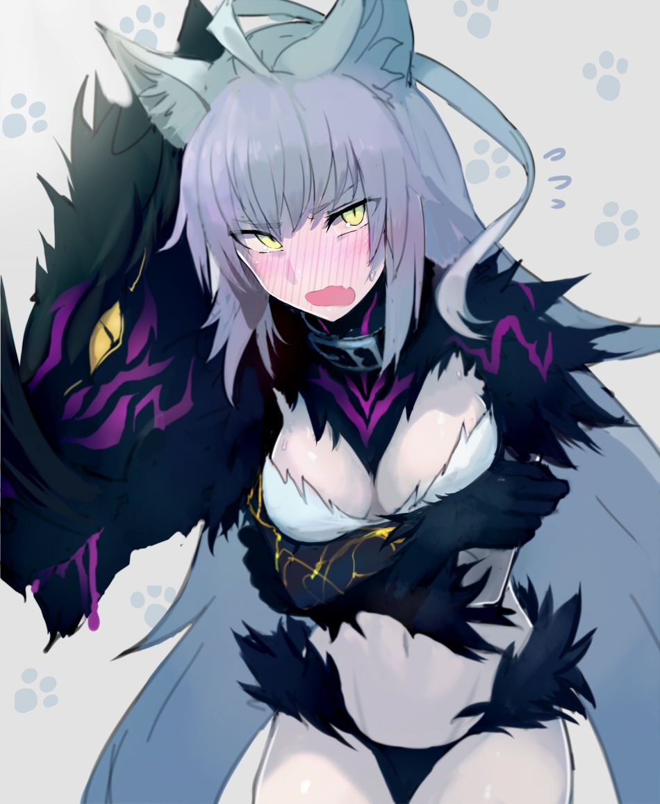 &gt;:o 1girl ahoge animal_ears atalanta_(alter)_(fate) atalanta_(fate) blush breasts cleavage crossed_arms embarrassed fate/apocrypha fate/grand_order fate_(series) full-face_blush grey_hair large_breasts long_hair looking_at_viewer navel paw_background shadow walzrj yellow_eyes