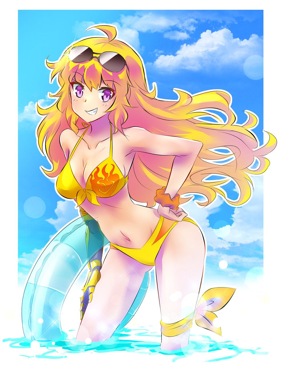 1girl bikini blonde_hair breasts highres iesupa long_hair prosthesis prosthetic_arm rwby solo swimsuit violet_eyes wavy_hair yang_xiao_long