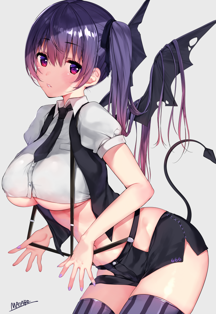 1girl artist_name bat_wings blush breasts demon_tail hair_ribbon large_breasts long_hair looking_at_viewer matarou_(genkai_toppa) midriff navel necktie open_clothes open_vest original parted_lips pencil_skirt puffy_short_sleeves puffy_sleeves purple_hair purple_legwear ribbon short_sleeves side_ponytail simple_background skirt solo striped striped_legwear suspenders_pull tail thigh-highs under_boob vest violet_eyes wings