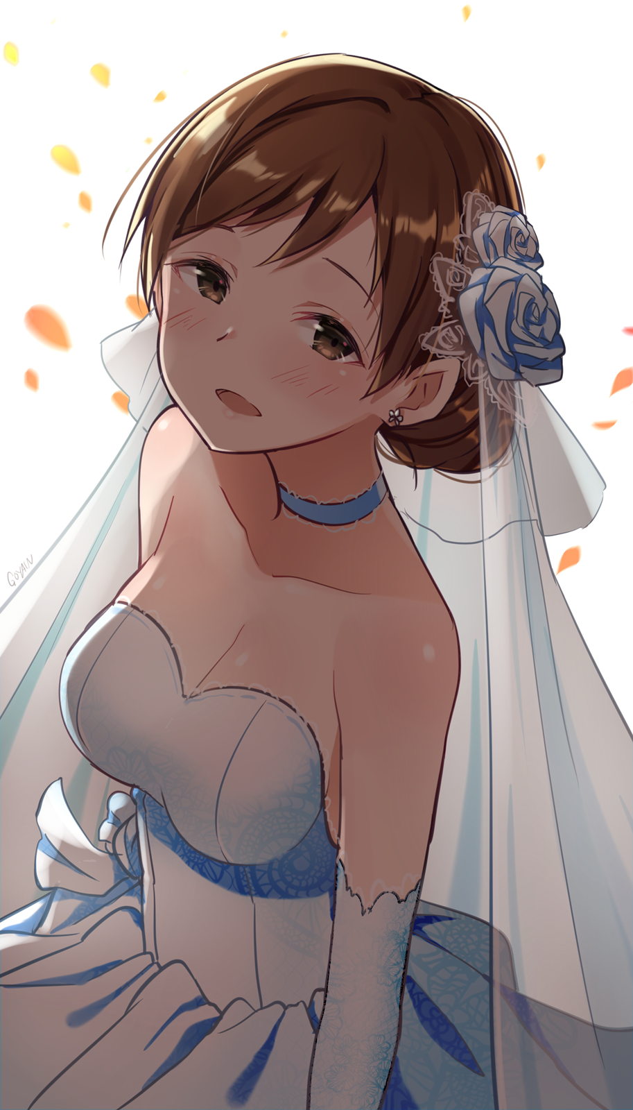 1girl :d bare_shoulders blush breasts brown_eyes brown_hair cleavage collarbone commentary_request dress elbow_gloves flower gloves goyain hair_flower hair_ornament hair_up highres idolmaster idolmaster_cinderella_girls long_hair looking_at_viewer medium_breasts motion_blur nitta_minami open_mouth petals rose see-through simple_background smile solo strapless strapless_dress veil wedding_dress white_background white_dress white_flower white_gloves white_rose