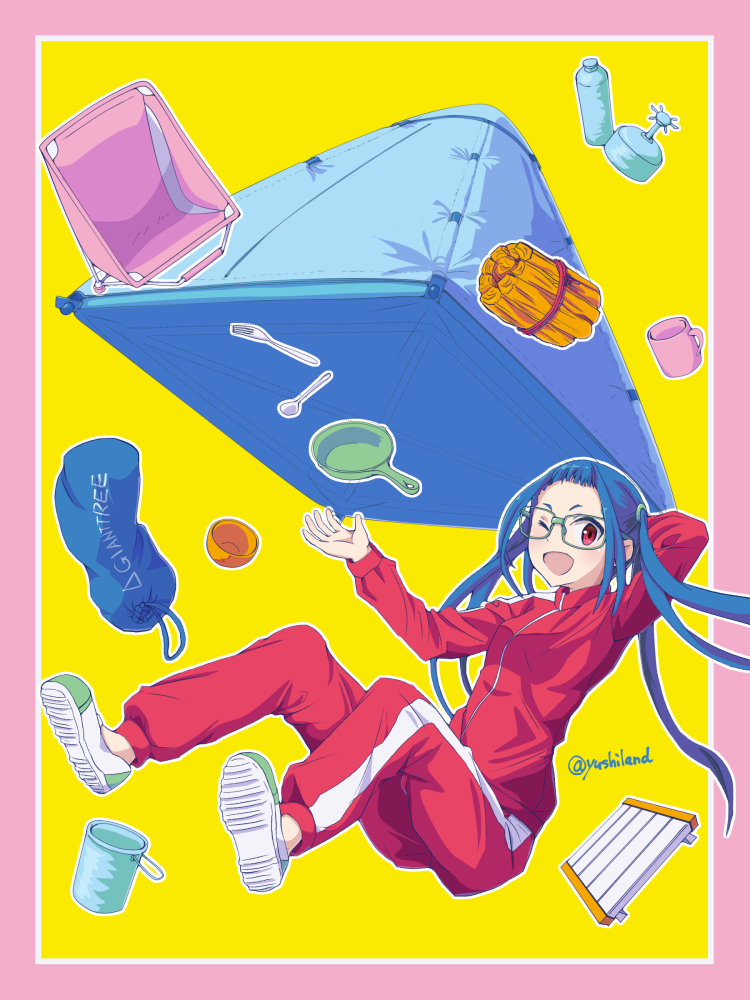 1girl bag blue_hair cup floating floating_object fork frying_pan glasses gym_uniform kindling one_eye_closed oogaki_chiaki red_eyes simple_background solo spoon tent twintails yurucamp yusshii