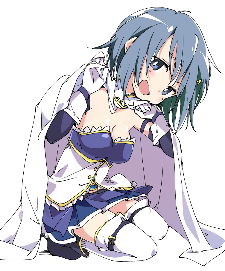 1girl black_footwear blue_eyes blue_hair blue_skirt blush breasts cape cleavage elbow_gloves eyebrows_visible_through_hair frilled_shirt frills full_body gloves hair_ornament hairclip head_tilt ixy looking_at_viewer magical_girl mahou_shoujo_madoka_magica medium_breasts messy_hair midriff miki_sayaka open_mouth pleated_skirt seiza shirt short_hair simple_background sitting skirt smile solo soul_gem thigh-highs white_background white_cape white_gloves white_legwear zettai_ryouiki