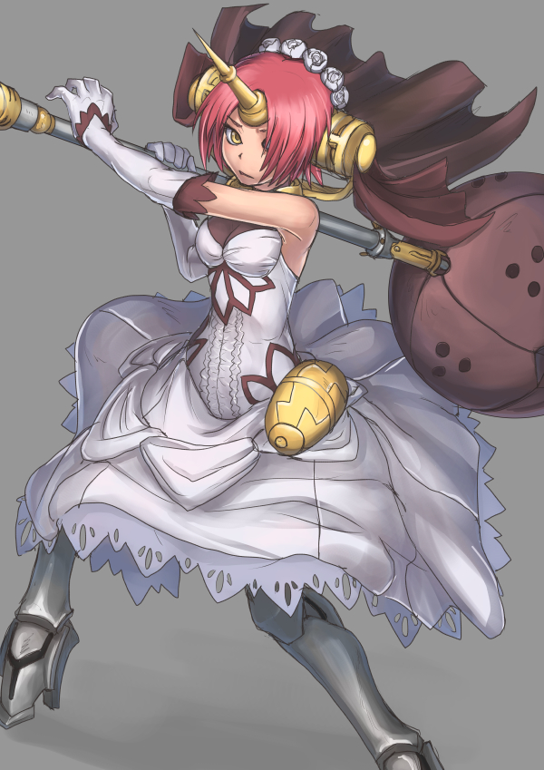 1girl armor armpits bandage bare_shoulders black_veil breasts bridal_veil dress elbow_gloves fate/apocrypha fate/grand_order fate_(series) frankenstein's_monster_(fate) gloves greaves grey_background hair_over_one_eye headgear horn huge_weapon mace medium_breasts pink_hair purutoppu_(toranohige) short_hair solo veil weapon wedding_dress white_dress white_gloves yellow_eyes