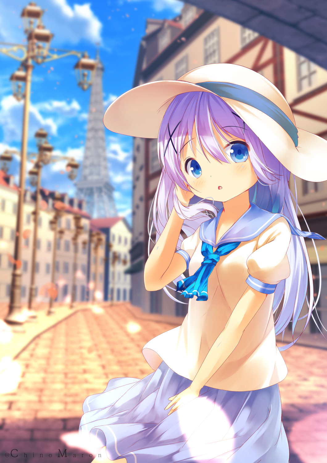 1girl :o arm_up bangs blue_eyes blue_neckwear blue_sailor_collar blue_skirt blurry blurry_background blush building chinomaron commentary_request depth_of_field eiffel_tower eyebrows_visible_through_hair gochuumon_wa_usagi_desu_ka? hair_between_eyes hair_ornament hat highres kafuu_chino lamppost long_hair neckerchief paris parted_lips pleated_skirt puffy_short_sleeves puffy_sleeves purple_hair road sailor_collar school_uniform serafuku shirt short_sleeves skirt solo street very_long_hair white_hat white_shirt x_hair_ornament