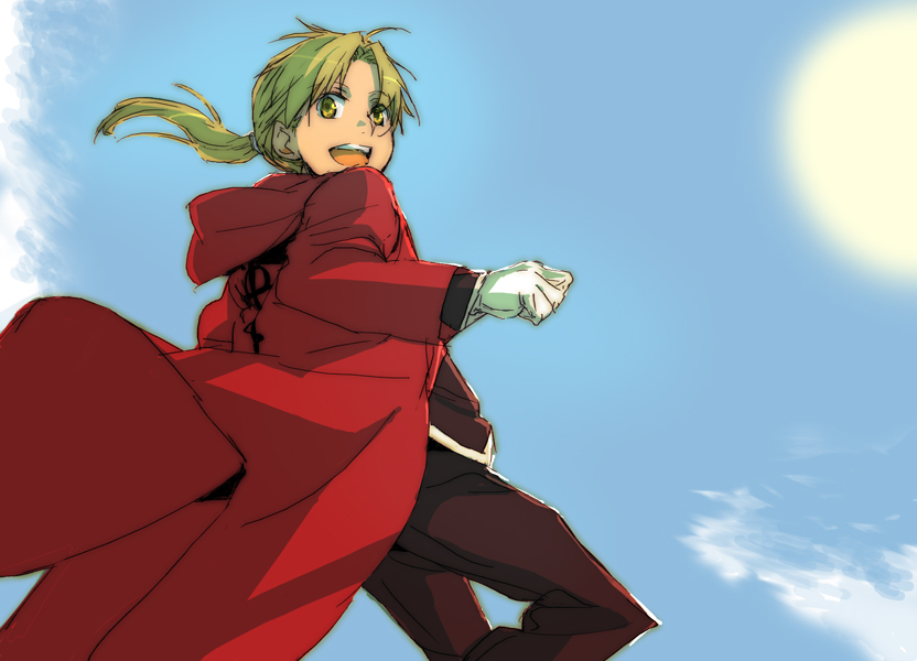 1boy :d alphonse_elric arata_(danbooru_seikatsu) black_pants black_shirt blonde_hair clenched_hand clouds cloudy_sky coat conqueror_of_shambala cowboy_shot day eyebrows_visible_through_hair flamel_symbol floating_hair fullmetal_alchemist gloves happy hood long_hair looking_at_viewer looking_back male_focus open_mouth outdoors pants ponytail red_coat shaded_face shirt sky smile sun upper_body yellow_eyes