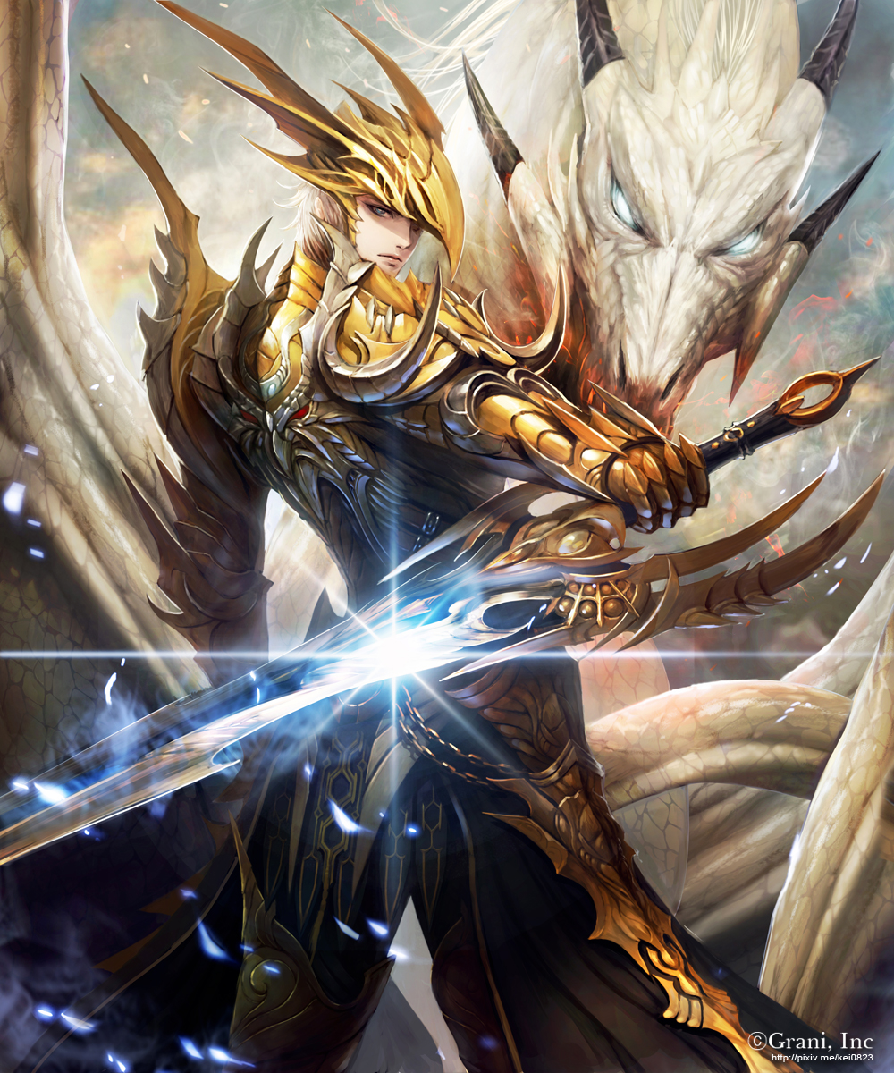 1boy armor brown_hair dragon gauntlets greaves grey_eyes helmet highres holding holding_sword holding_weapon kei1115 looking_at_viewer looking_back male_focus official_art outdoors shingoku_no_valhalla_gate shoulder_armor standing sword watermark weapon web_address white_eyes