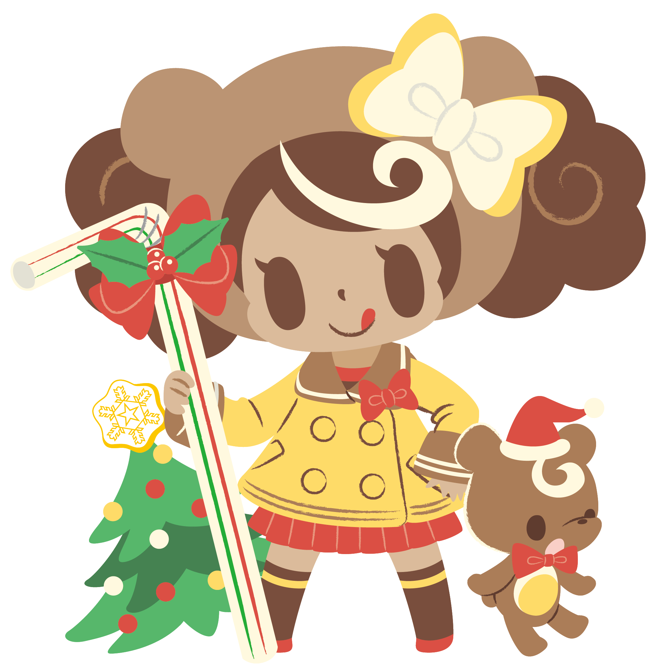 1girl :p bear_hat bow brown_footwear brown_hair christmas christmas_tree coat dark_skin drinking_straw full_body hand_on_hip hat hat_bow highres multicolored_hair official_art palmtop_yukico-tan pleated_skirt red_skirt santa_hat skirt smile socks solid_oval_eyes solo streaked_hair stuffed_animal stuffed_toy teddy_bear teracco tongue tongue_out transparent_background white_bow winter_clothes winter_coat yukico-tan yukijirushi
