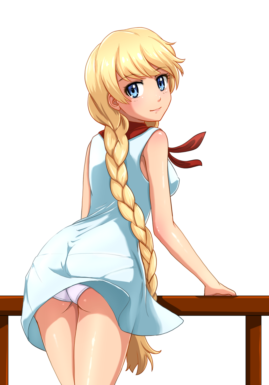 1girl ass blonde_hair blue_eyes braid dress everlasting_summer eyebrows_visible_through_hair from_behind highres huyase light_smile long_hair looking_at_viewer looking_back panties pantylines pantyshot railing simple_background slavya-chan solo underwear very_long_hair white_background white_dress white_panties