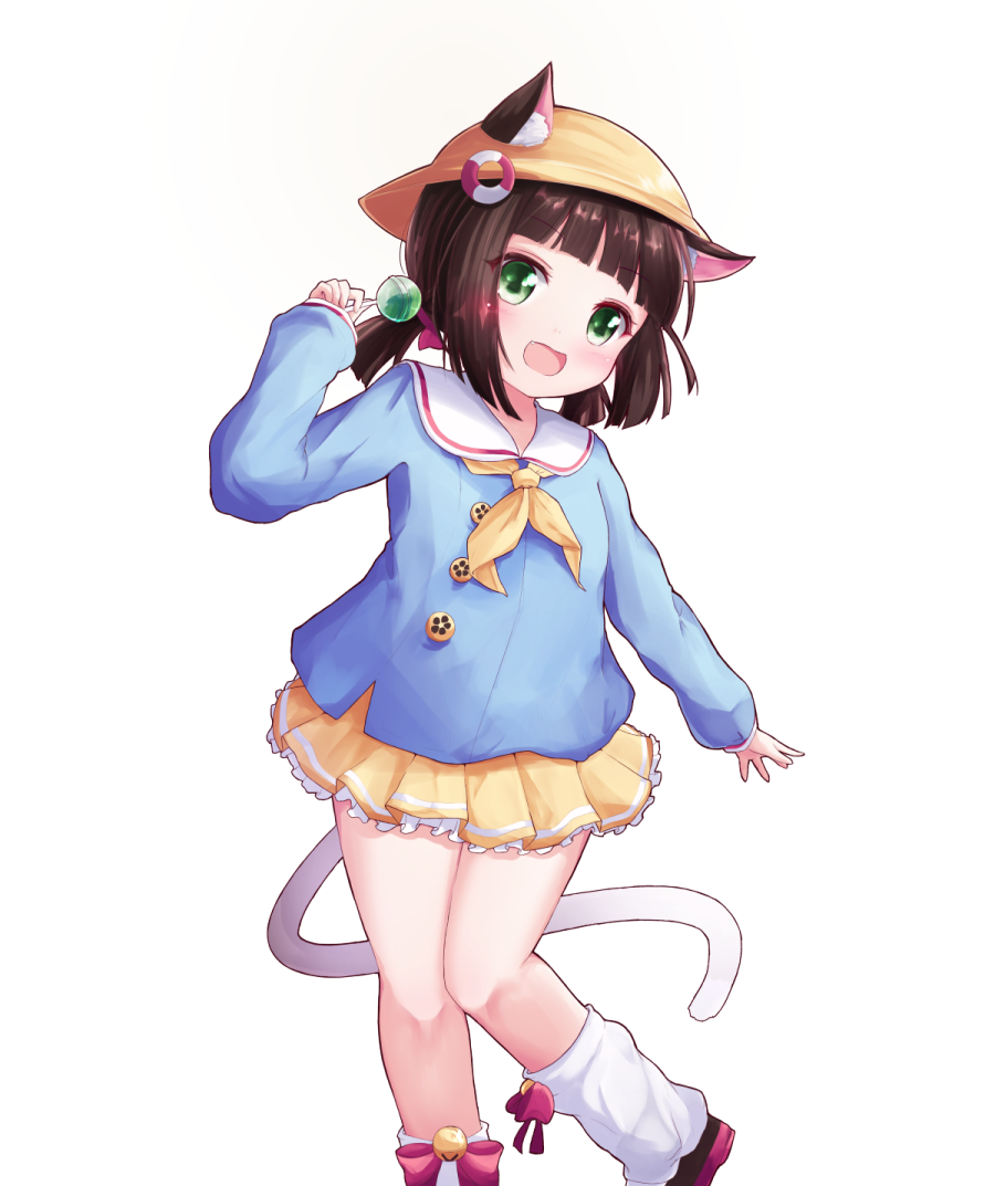 1girl :d animal_ears azur_lane bangs bell black_footwear blue_shirt blush bow brown_hair candy cat_ears cat_girl cat_tail commentary_request ears_through_headwear eyebrows_visible_through_hair fang food green_eyes hand_up hat holding holding_food holding_lollipop jingle_bell kindergarten_uniform lifebuoy lollipop long_hair long_sleeves loose_socks low_twintails mutsuki_(azur_lane) neckerchief open_mouth pink_bow pleated_skirt school_hat set_(vrkdgus1) shirt short_twintails simple_background skirt sleeves_past_wrists smile solo standing standing_on_one_leg tail twintails white_background white_legwear yellow_hat yellow_neckwear yellow_skirt