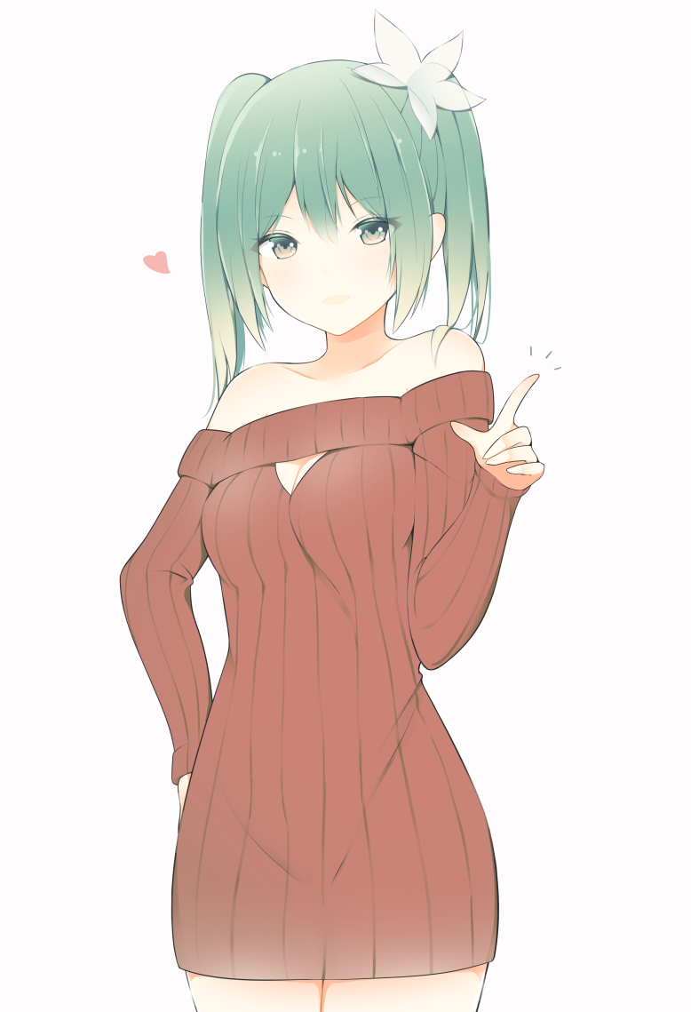 1girl breasts cleavage cleavage_cutout collarbone cowboy_shot dress eyebrows_visible_through_hair flower giryu green_eyes green_hair hair_between_eyes hair_flower hair_ornament hand_on_hip hatsune_miku heart index_finger_raised long_hair looking_at_viewer medium_breasts red_sweater ribbed_sweater simple_background solo standing sweater sweater_dress transparent twintails vocaloid white_background white_flower