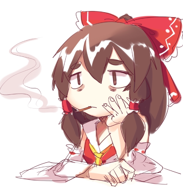 1girl arm_rest bags_under_eyes bangs blank_stare bow brown_eyes chin_rest cigarette closed_mouth commentary detached_sleeves dress eyebrows_visible_through_hair frilled_hair_tubes hair_between_eyes hair_bow hair_tubes hakurei_reimu hand_on_own_face hand_rest long_hair low_twintails neckerchief red_bow red_dress red_hair_tubes ribbon-trimmed_sleeves ribbon_trim siam_(meow13) simple_background sketch_mouth smoke smoking solo thick_eyebrows touhou twintails upper_body white_background white_collar white_sleeves wide_sleeves yellow_neckwear