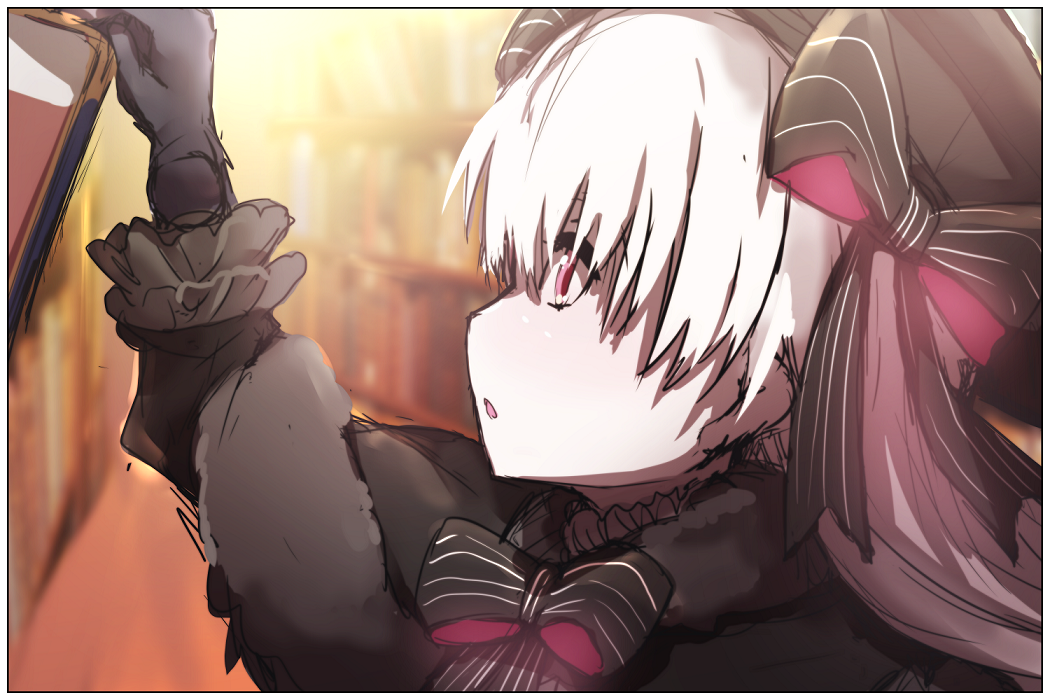 1girl :o arm_up bangs beret black_bow black_capelet black_gloves black_hat blurry blurry_background blush book bookshelf bow capelet depth_of_field doll_joints elbow_gloves eyebrows_visible_through_hair fate/extra fate_(series) fur-trimmed_capelet fur_trim gloves hair_between_eyes hat indoors long_hair looking_away nursery_rhyme_(fate/extra) parted_lips pink_eyes profile silver_hair sketch solo striped striped_bow wada_kazu