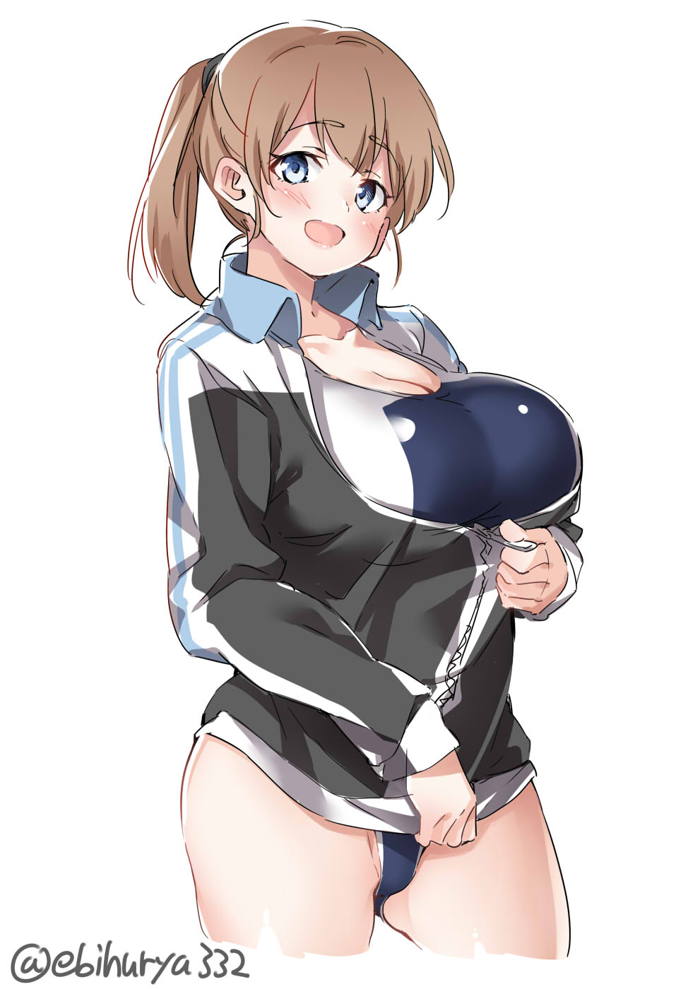 1girl :d blue_eyes blush breasts brown_hair cowboy_shot ebifurya eyebrows_visible_through_hair highres intrepid_(kantai_collection) jacket kantai_collection large_breasts long_sleeves looking_at_viewer open_mouth ponytail short_hair simple_background smile solo swimsuit track_jacket twitter_username white_background