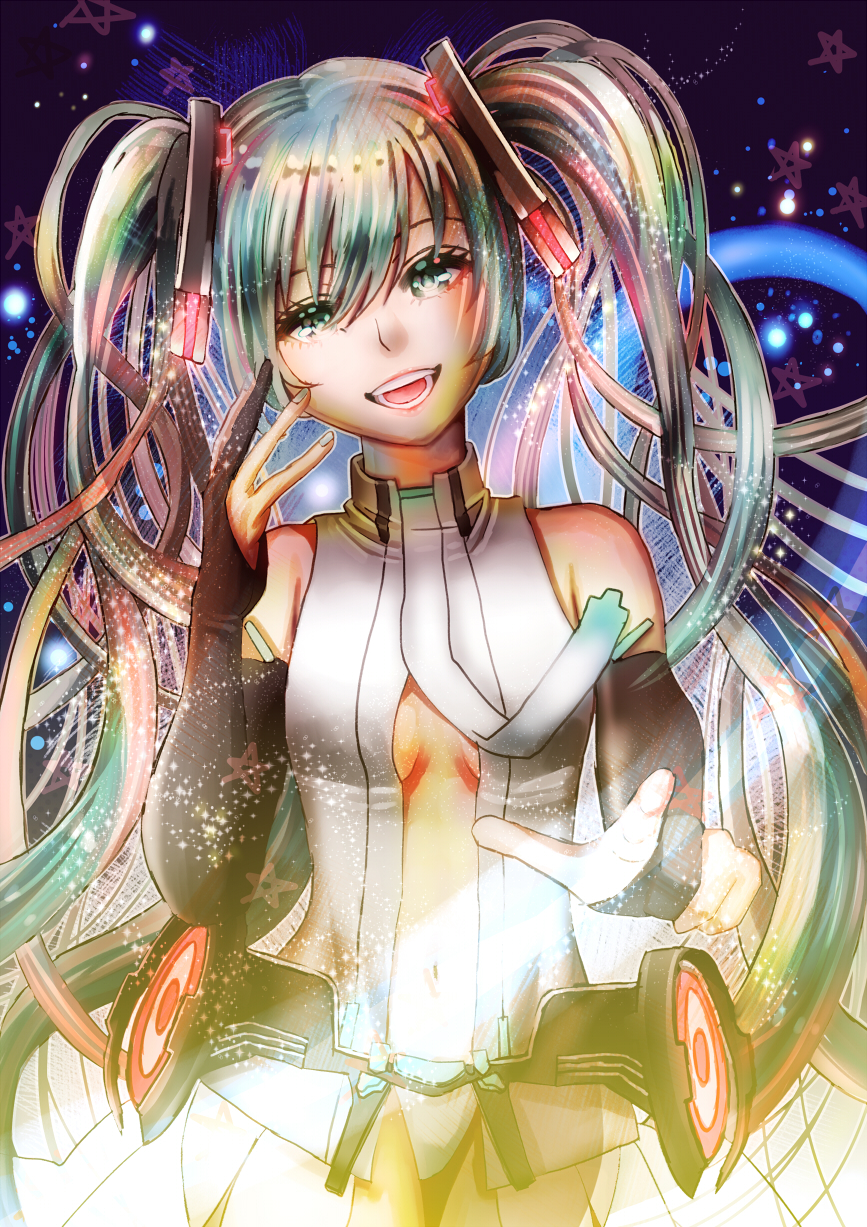 1girl aqua_eyes aqua_hair bare_shoulders breasts cleavage detached_sleeves gloves half_gloves hatsune_miku highres long_hair looking_at_viewer matsumoto_(sawa) midriff navel night night_sky open_mouth sky smile solo star star_(sky) starry_background twintails vocaloid
