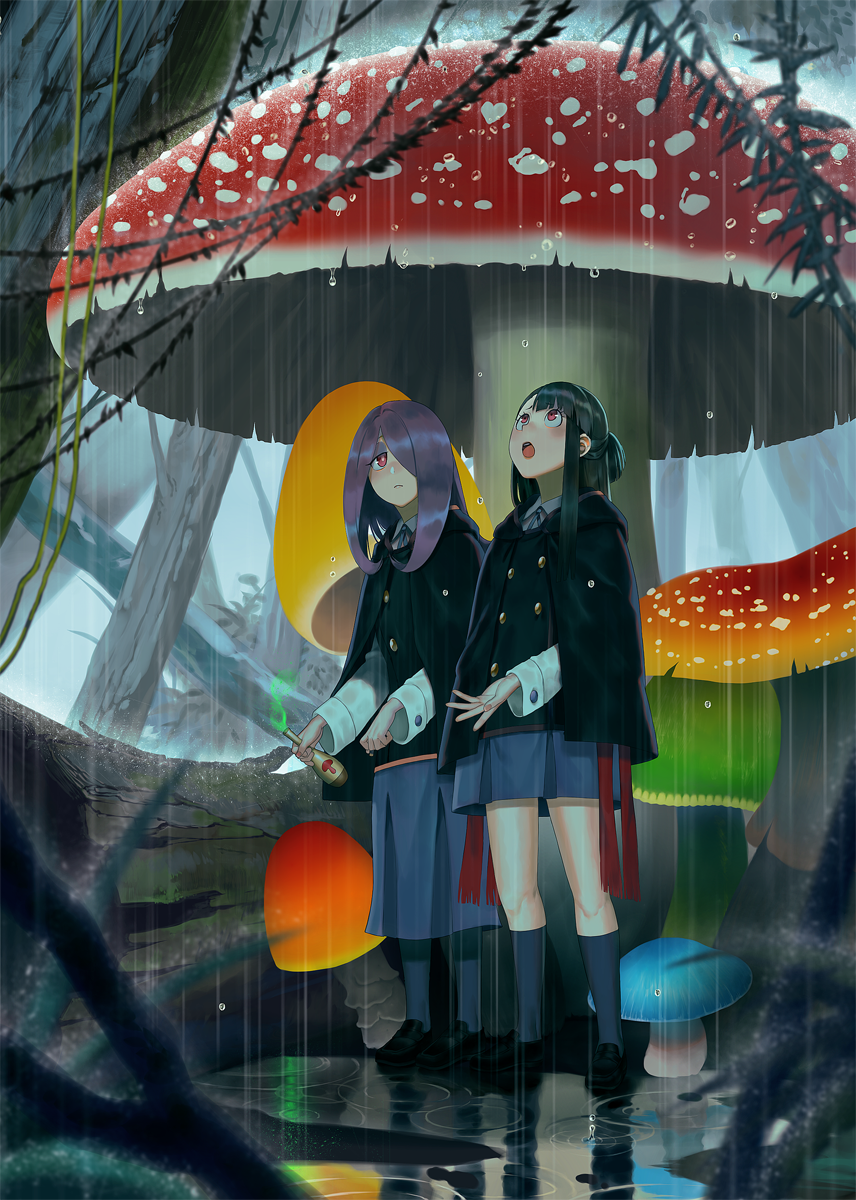 2girls blue_skirt bottle brown_hair giant_mushroom highres holding holding_bottle kagari_atsuko konno-akira little_witch_academia long_hair long_sleeves looking_at_another looking_up luna_nova_school_uniform multiple_girls mushroom open_mouth puddle purple_hair rain red_eyes skirt sucy_manbavaran tree water_drop