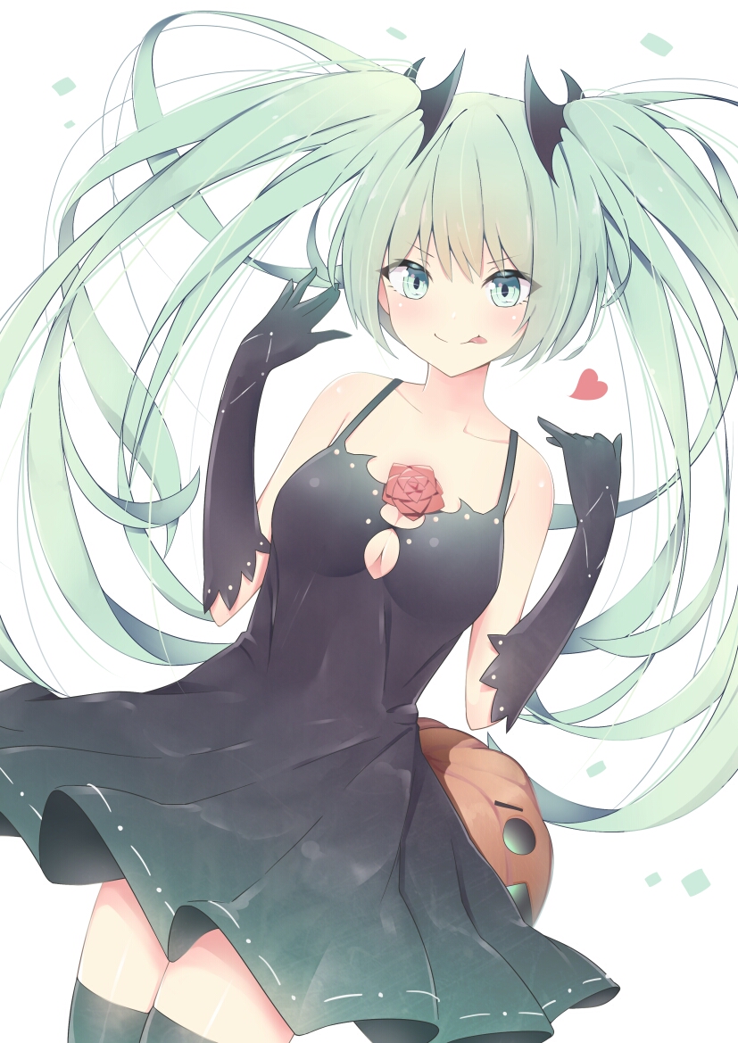 1girl :p bangs black_dress black_gloves black_legwear breasts cleavage cleavage_cutout cowboy_shot dress dutch_angle elbow_gloves eyebrows_visible_through_hair floating_hair flower giryu gloves green_eyes green_hair hair_between_eyes hair_ornament halloween_costume hatsune_miku heart long_hair pumpkin red_flower short_dress simple_background sleeveless sleeveless_dress smile solo thigh-highs tongue tongue_out very_long_hair vocaloid white_background