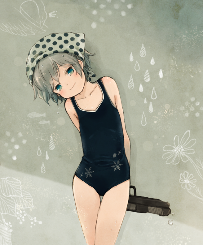 1girl arms_behind_back blush collarbone commentary_request crown green_eyes grey_hair head_scarf head_tilt jecy looking_at_viewer losika_(jecy) one-piece_swimsuit original short_hair smile snowflake_print solo swimsuit thigh_gap water_gun wavy_mouth wet wet_hair
