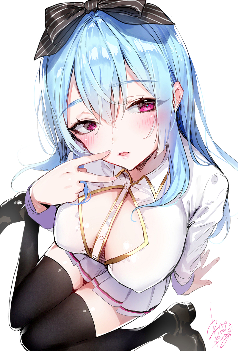 1girl arm_support bangs black_legwear blue_hair blush bow breasts collared_shirt erect_nipples eyebrows_visible_through_hair eyes_visible_through_hair from_above hair_bow hand_up hoyashi_rebirth large_breasts long_hair looking_at_viewer looking_up original parted_lips shiny shiny_hair shirt shoes signature simple_background sitting skirt solo striped striped_bow thigh-highs v violet_eyes wariza white_background white_shirt white_skirt zettai_ryouiki